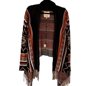 Billabong Southwestern Open Front Patterned Cardigan Fringed Hem Boho Azteck M